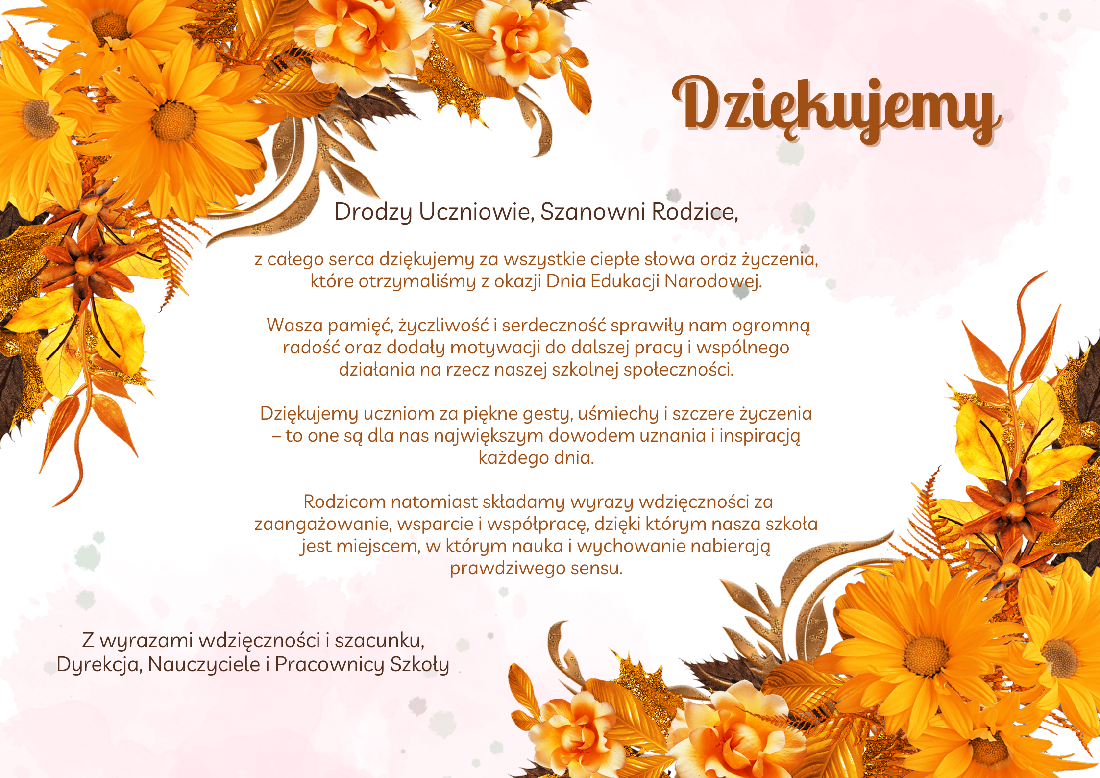 Podziękowanie dla Uczniów i Rodziców